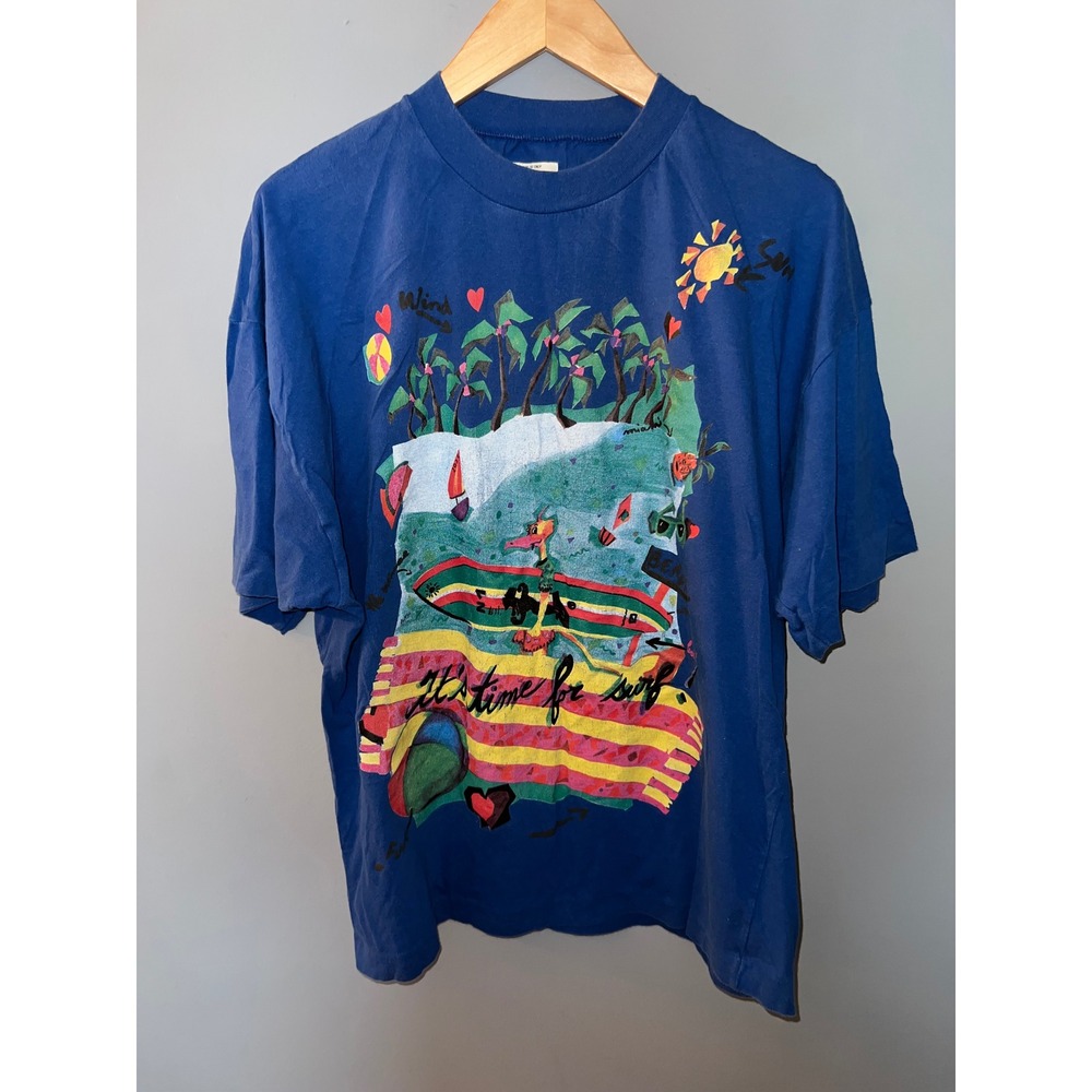 Vintage United Colors of Benetton Surf Graphic T-Shirt Blue XL Made in Italy 90s